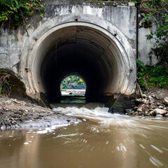 A concrete tunnel outlet, revealing a flowing waterway in nature
