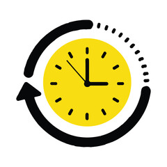 Circular arrow icon around a yellow clock face symbolizing time passing or a time loop