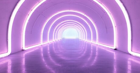 Obraz premium Bright tunnel illuminated with purple lights. Smooth walls create endless perspective toward distant glow. Minimalist design, futuristic feel.