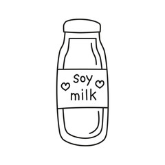 Cute hand drawn outline soy milk in bottle isolated on white background. Hand written text. Plant based lactose free drink.