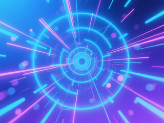 A vivid digital scene featuring a neon circular tunnel with glowing lines and scattered dots, creating a futuristic and dynamic visual effect.