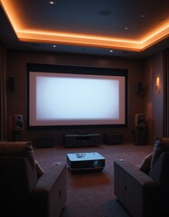 Fototapeta premium A compact projector mockup casting a blank white screen in a dimly lit home theater with cozy seating and LED backlighting. Generative AI