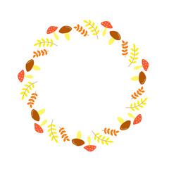 Cute hand drawn flat leaves and mushrooms composed in circle shape isolated on white background. Round autumn frame.