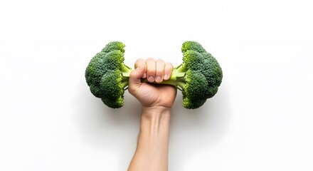 A person's hand is holding a dumbbell made of broccoli florets against a white background.