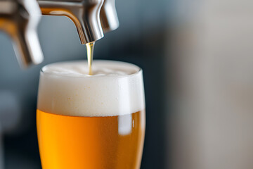 A cold, refreshing alcoholic beverage is poured from a silver tap into a clear glass, creating a thick, foamy head. Perfect for relaxation and celebration.