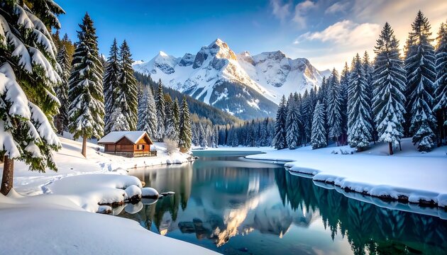 Snowy mountain lake cabin scene - Powered by Adobe