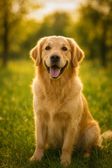 A happy Golden Retriever dog sits in a beautiful grassy prairie field looking directly at the camera on a sunny day.