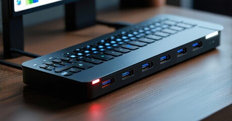 Compact keyboard with numerous ports sits on wooden surface. Illuminated accents add visual interest. Modern workstation setup.