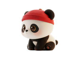 A cute panda wearing a red hat is sitting on a white background, looking very adorable.