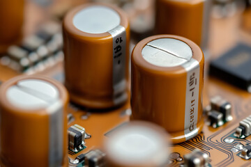 A close-up view of capacitors on a circuit board showcases the intricate details of electronic components and circuit board, providing a glimpse into the inner workings of technology.