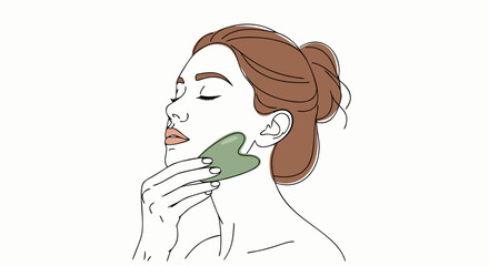 Woman doing gua sha massage with green tool on face in relaxing setting. Gua sha massage technique enhances facial appearance and promotes wellness through gentle movements.