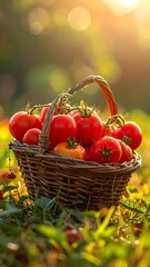 Basket overflowing with ripe, red tomatoes, sunlight streaming through the background
