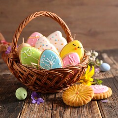 Basket overflowing with colorful egg and chick shaped, decorated cookies