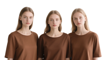 Three women in brown short-sleeve tops stand in a row against a white background, showcasing simple and coordinated fashion.