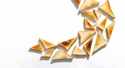 A crescent moon shape formed by many small, golden-brown toasted bread triangles on a white background.