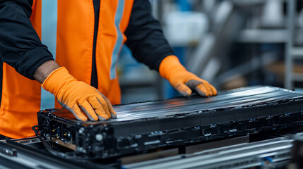 An industrial worker in an orange vest and gloves assembling a power component on a modern factory assembly line. Precision and safety are a priority in this manufacturing setting.