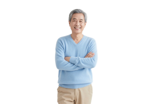 An elderly man in a light blue sweater stands with arms crossed, smiling in a simple background.