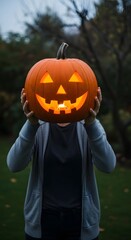 Person holding a carved pumpkin in front of their face, lit from within, outdoors.