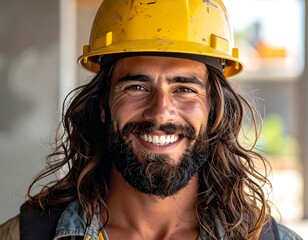 A construction worker smiles brightly, wearing a yellow hard hat