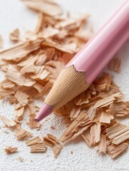 Macro of pink colored pencil tip with fresh wood shavings for stationery branding and creative educational visuals