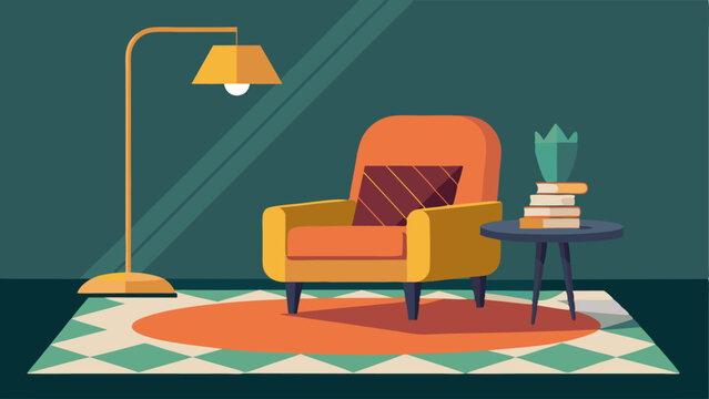 A cozy reading nook with a velvet armchair gold floor lamp and a geometric rug.