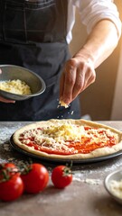 A cook sprinkles cheese on a pizza before baking