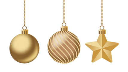 Elegant gold Christmas ornaments and star hanging on chains