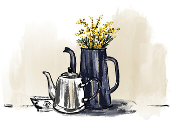 Hand-painted still life with teapot, blue jug and mimosa flowers