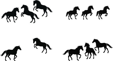 A collection of black horse silhouettes in various dynamic poses and groups against a white background.