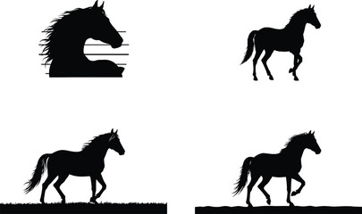 Silhouette depictions of horses in various poses, showcasing different gaits and stances against a white background.
