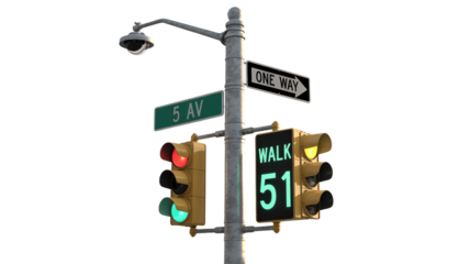 Urban intersection with traffic lights and pedestrian signal showing walk