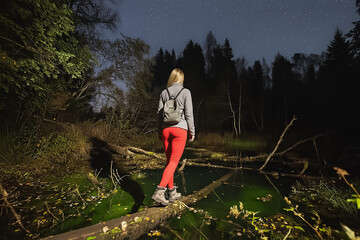Adventurous woman with a backpack hiking at night, carefully balancing on a fallen tree log over a mysterious green swamp.