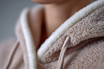Close-up on a cozy, fuzzy hoodie with a soft, inviting texture. The hoodie features a plush lining and a drawstring, promising warmth and comfort. A gentle reminder of relaxation.