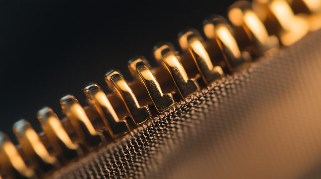 A macro shot reveals the intricate details of a golden zipper against a dark backdrop. The focus is on texture and metallic shine, creating a sense of industrial elegance.