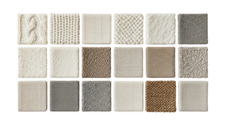 Collection of carpet samples with different textures and colors, isolated on transparent background
