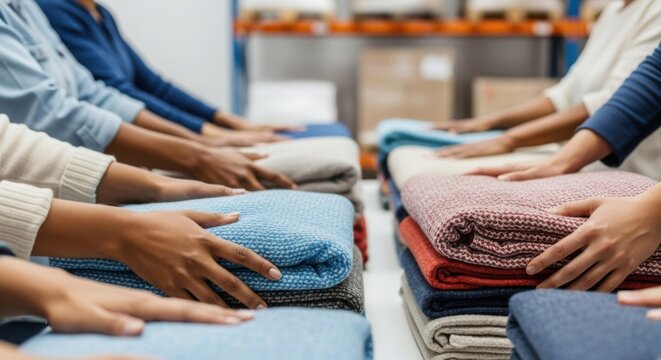 Boxing day sale concept with friends shopping for cozy winter clothing