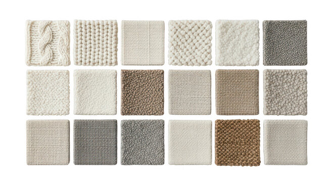 Collection of carpet samples with different textures and colors, isolated on transparent background