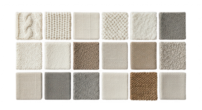 Collection of carpet samples with different textures and colors, isolated on transparent background