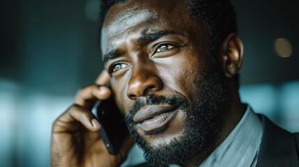 African American man in a business suit is engaged in a phone conversation, showcasing a thoughtful expression and professional demeanor in a modern office environment