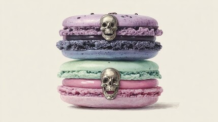 Colorful macaron desserts stacked together, featuring intricate skull designs on top, showcasing a blend of sweet treats and edgy aesthetics for culinary creativity