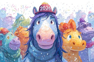 Colorful cartoon horses wearing festive hats and scarves celebrate winter in a snowy landscape, showcasing joy and camaraderie in a vibrant illustration for the new year