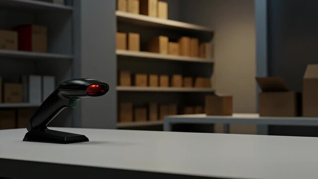 Barcode scanner on counter in dim backroom lighting, showing Cyber Monday tech setup, representing efficient checkout process for online shopping events