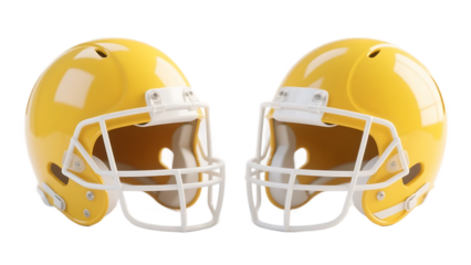 Two bright yellow American football helmets designed for sports participation and head protection.