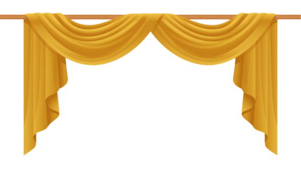 Elegant gold drapes frame a grand theatrical stage opening for performance