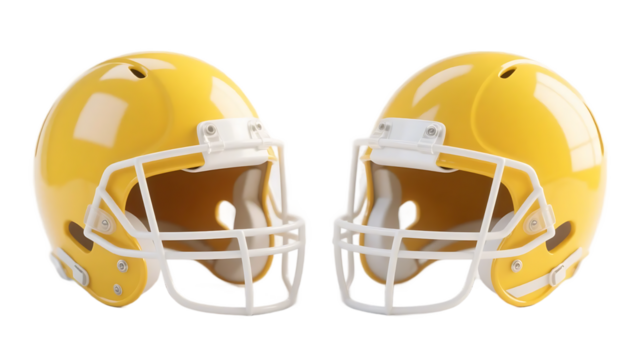Two bright yellow American football helmets designed for sports participation and head protection.