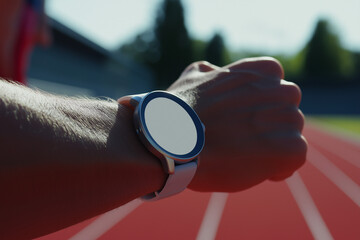 A close-up of a smartwatch on a runner's wrist with a blank screen, captured in mid-stride on an outdoor running track with motion blur. Generative AI