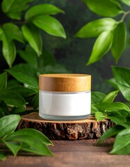 A cosmetic jar with a wooden lid on a wood slice surrounded by green leaves