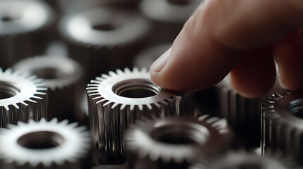 Precision meets tactile exploration as a finger graces a series of meticulously crafted metal gears, symbolizing accuracy and intricate mechanics in a monochromatic palette.