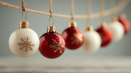 Decorative Christmas ornaments in red and white with snowflake designs hanging on twine, creating a festive atmosphere for holiday celebrations and seasonal decor