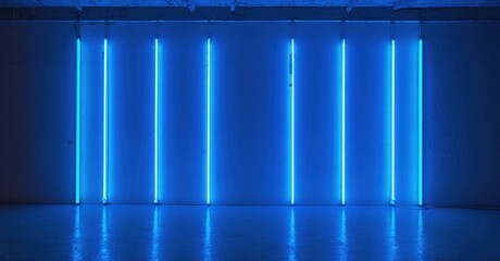 Minimalist space features bright blue vertical lights. Clean lines, stark contrast, modern aesthetic. Empty room evokes calm, quiet mood.